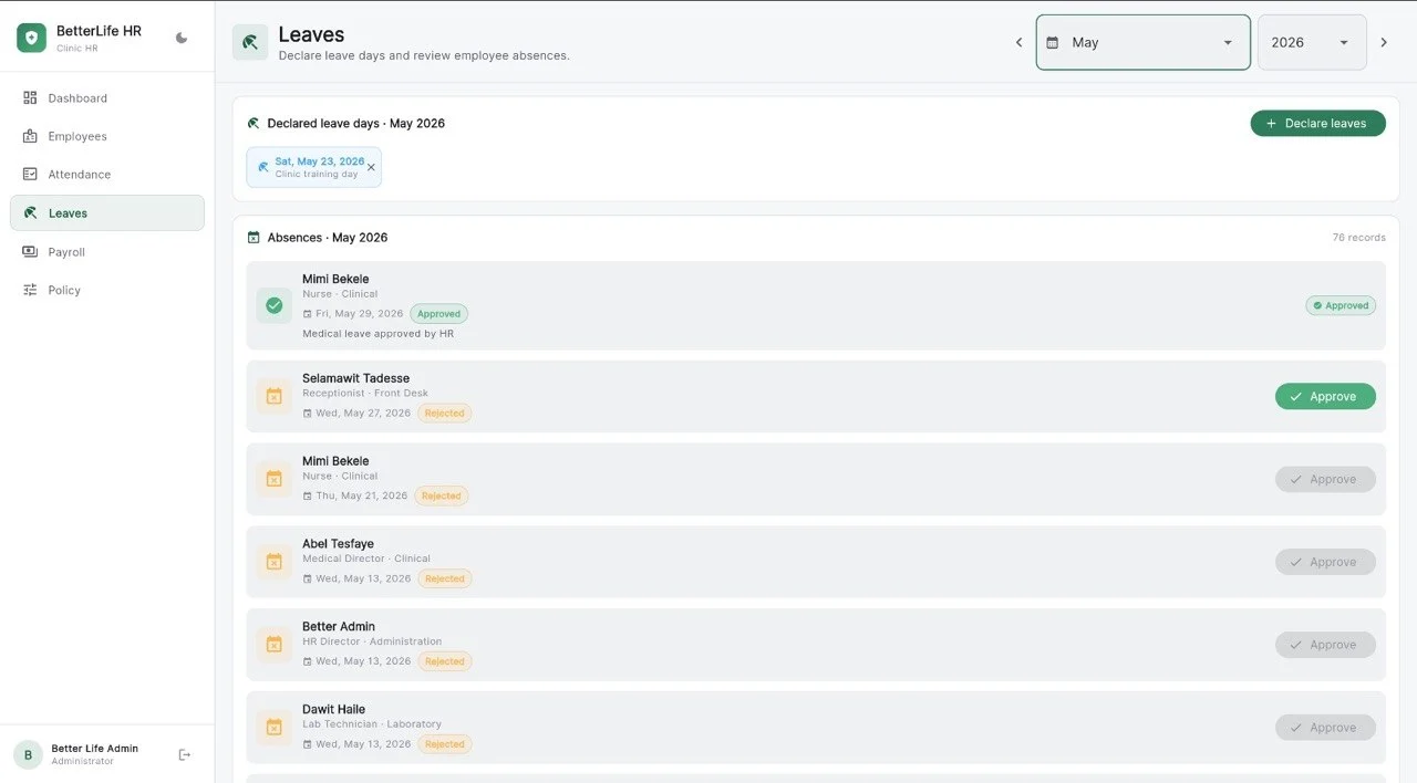 Better Life HR leave administration workspace with absence review and approvals