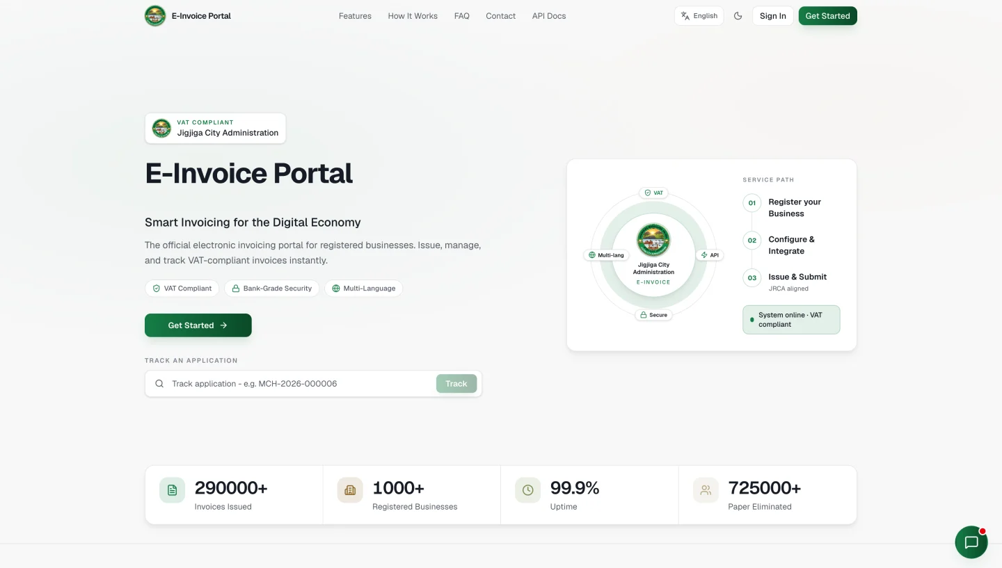 Jigjiga City Administration E-Invoice portal with registration and application tracking
