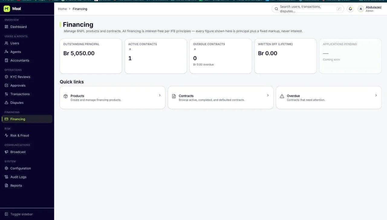 Maal Wallet administration interface showing financing and contract management