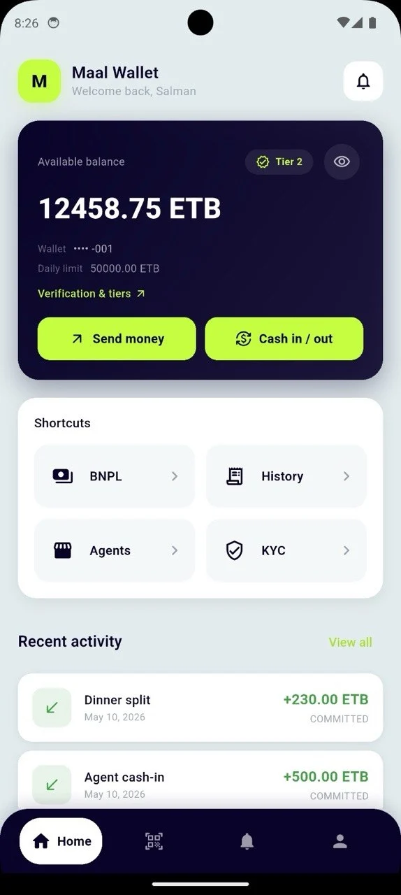Maal Wallet mobile app showing transfers, cash in and out, BNPL and recent activity
