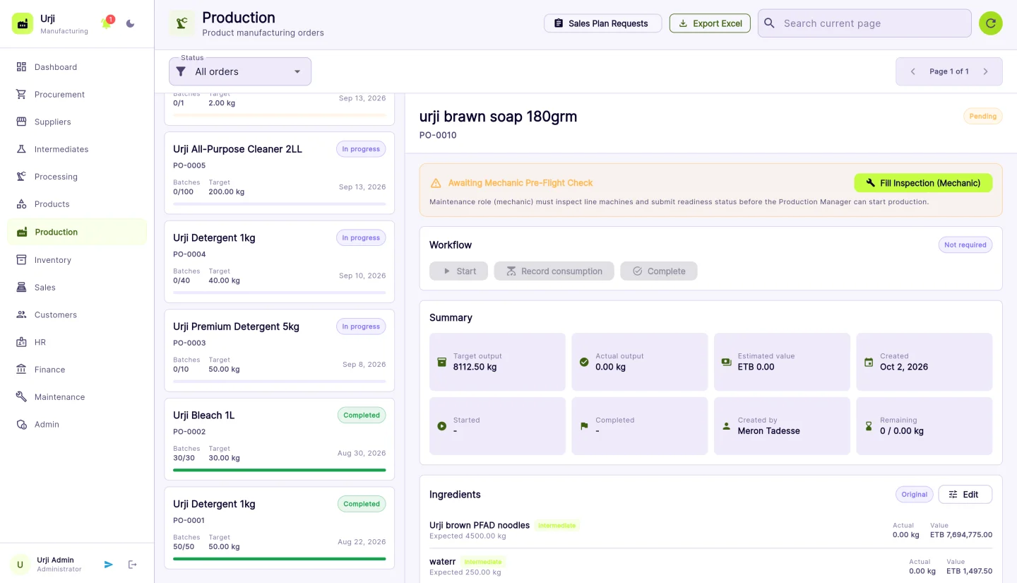 Urji ERP production workspace with manufacturing orders, maintenance inspection and production summaries